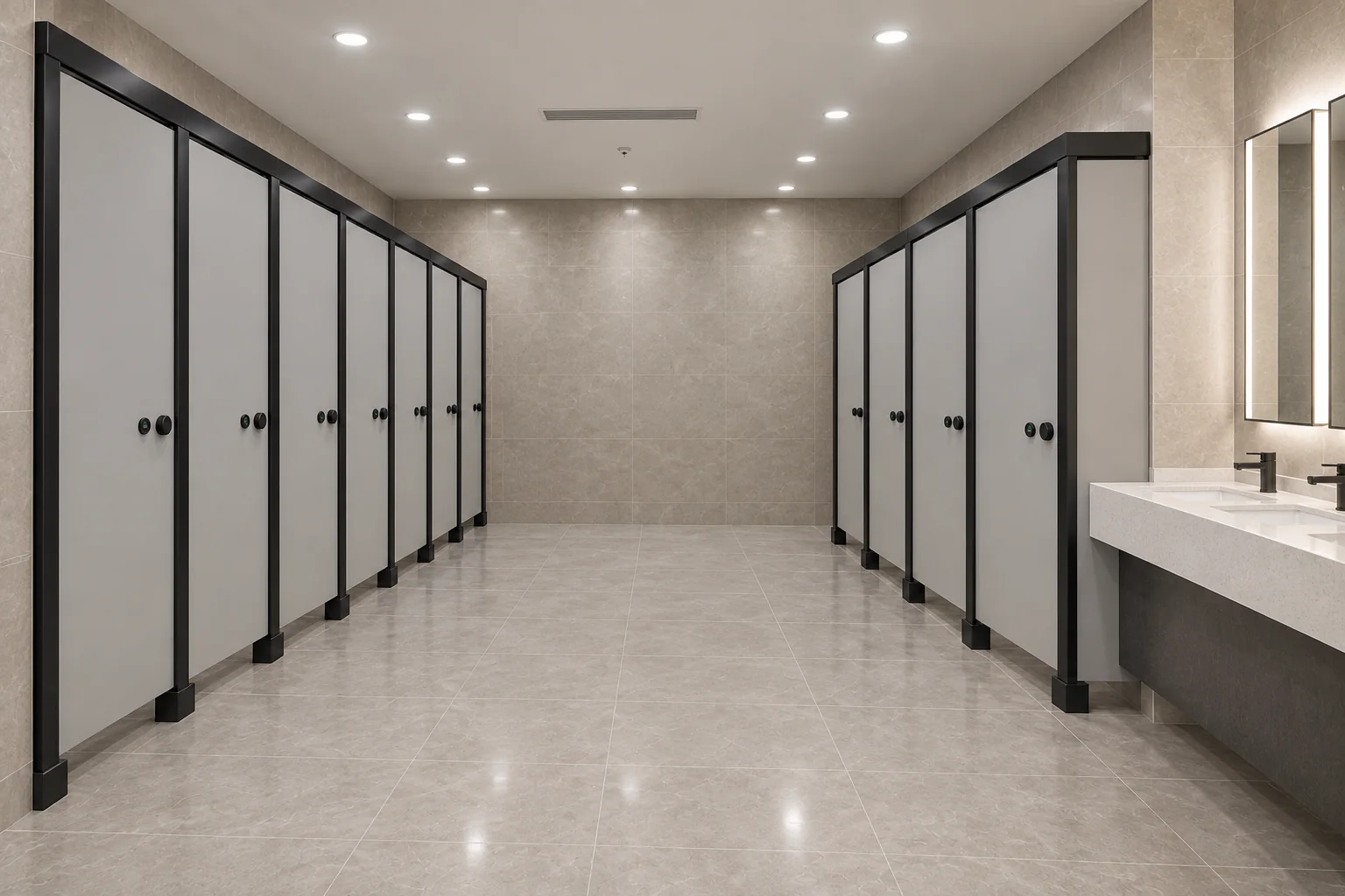 Sanitarios públicos con cabinas gris claro de apertura interior, siete a la izquierda y cuatro a la derecha junto a dos lavabos