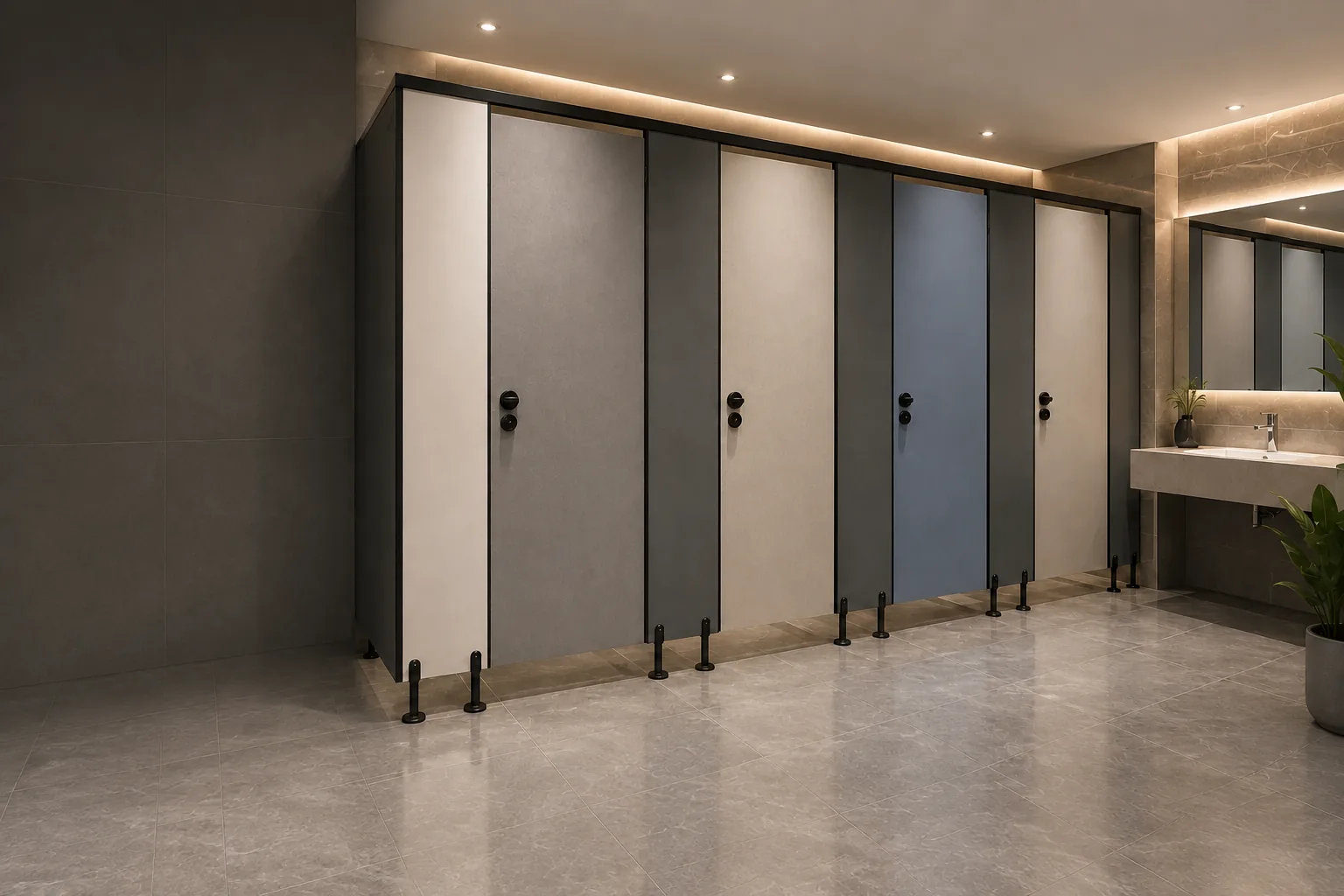 Text-free compact laminate toilet partition scene