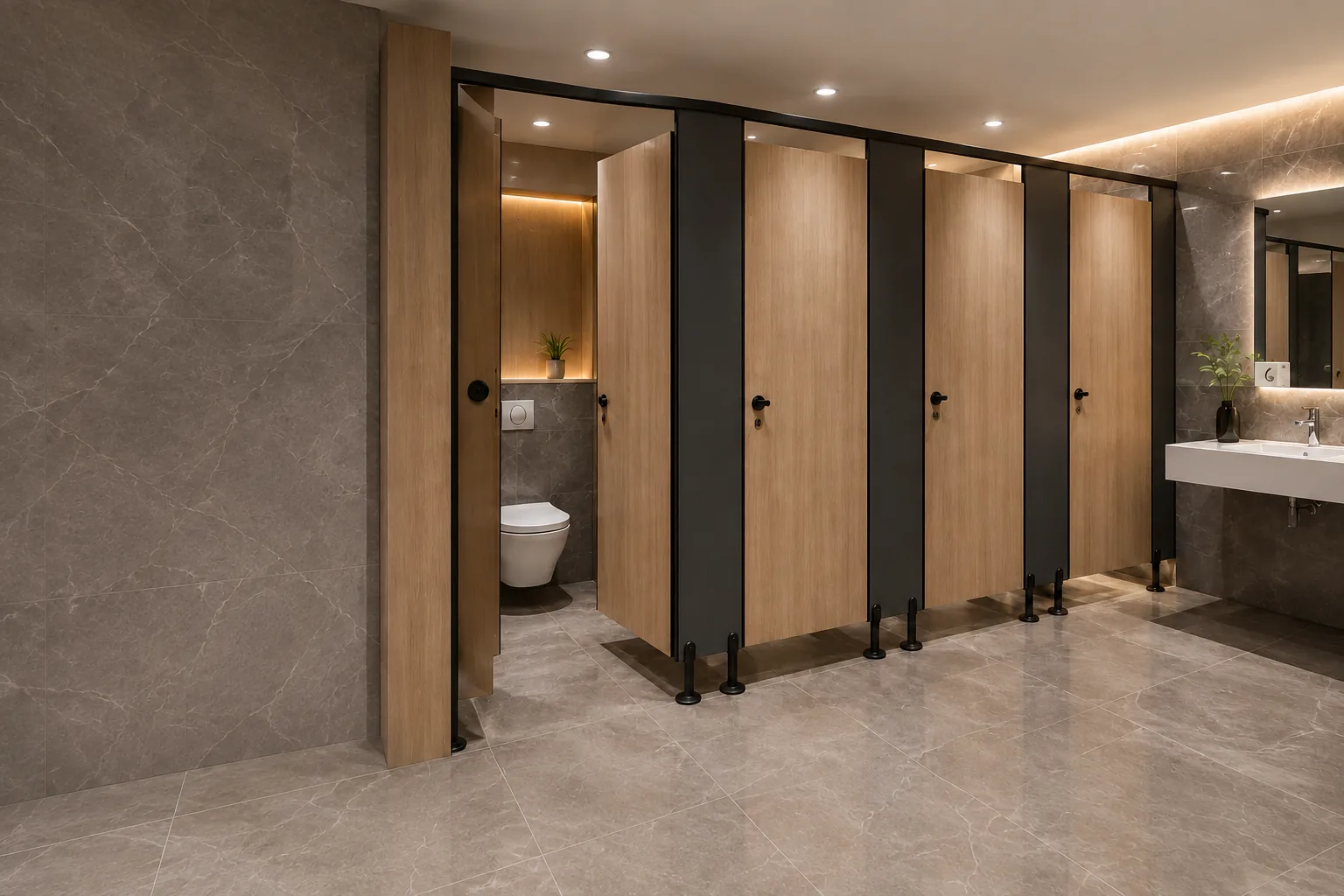 Text-free woodgrain HPL toilet partition scene