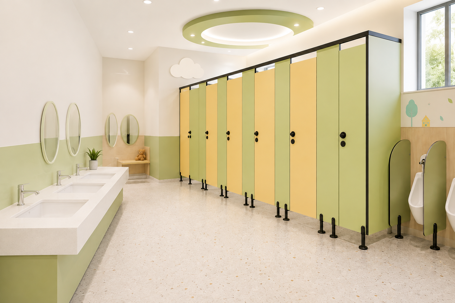 Escena ilustrativa de un baño escolar adaptado para niños con mamparas sanitarias de colores