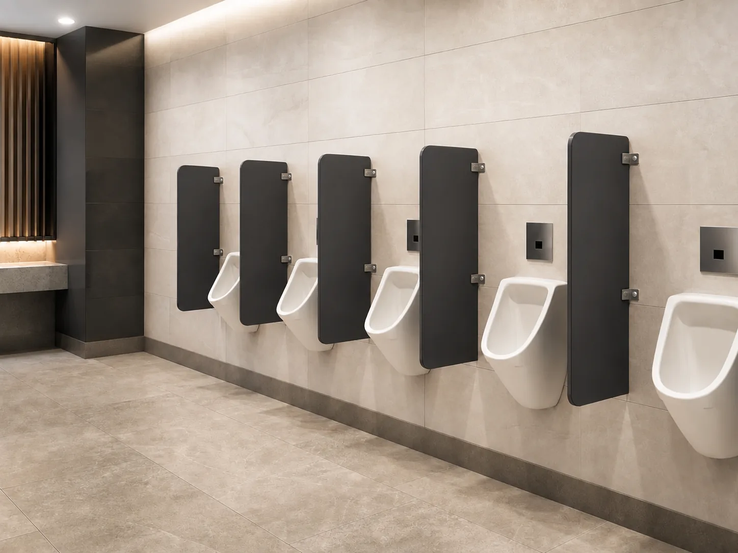 Text-free commercial urinal privacy partition scene